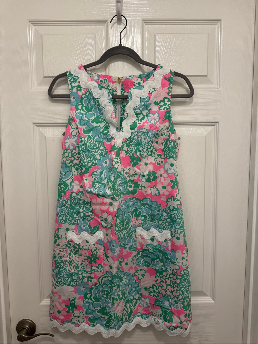 Lilly Pulitzer Romey Shift Romper —Pink & Green Floral with White Trim